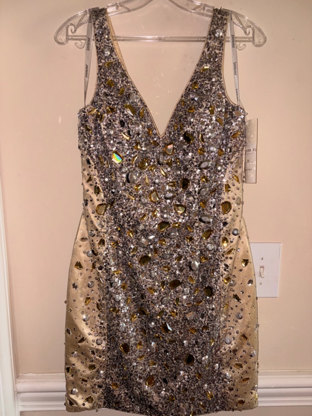 Tony Bowls Gold and Silver Beaded V-Neck cocktail Dress